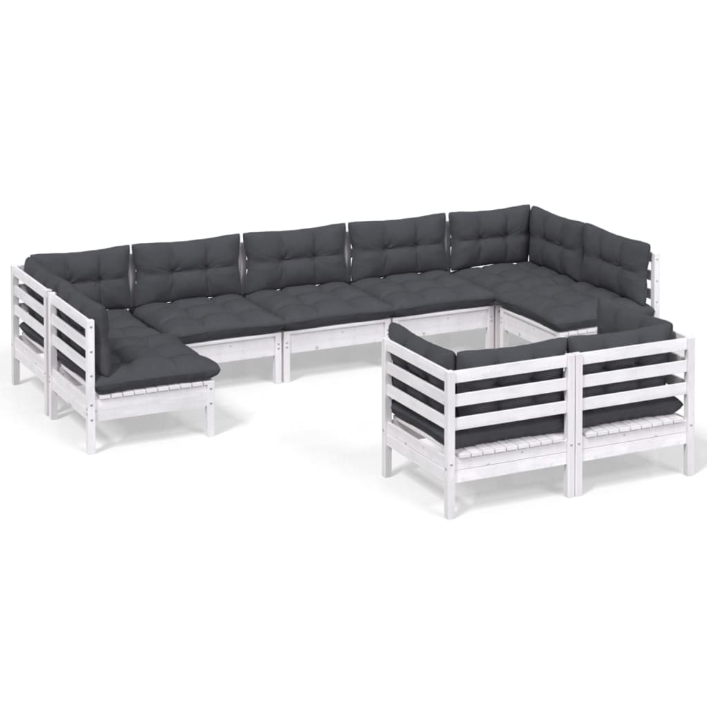 9-tlg. Garten-Lounge-Set mit Kissen Weiss Kiefer Massivholz